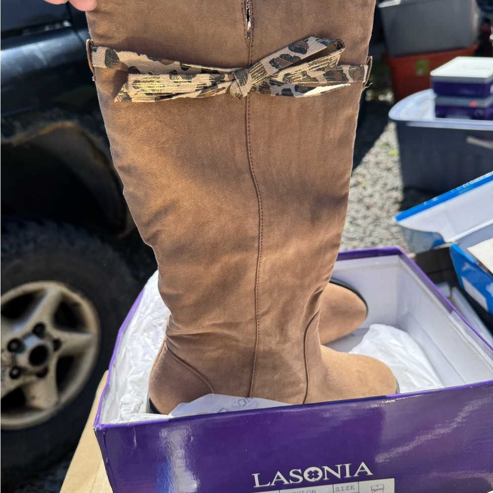 Onia Brown Over the Knee Boots with Leopard Bow